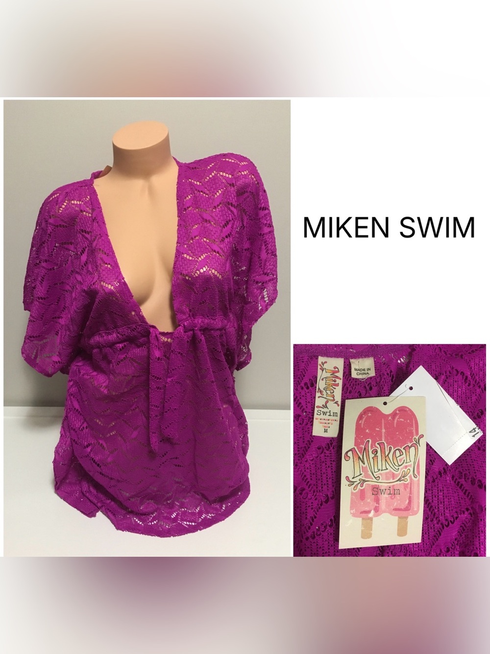 MIKEN SWIM - M - NWT - WOMENS PINK LACE CROCHET KAFTAN / BEACH COVER UP TUNIC